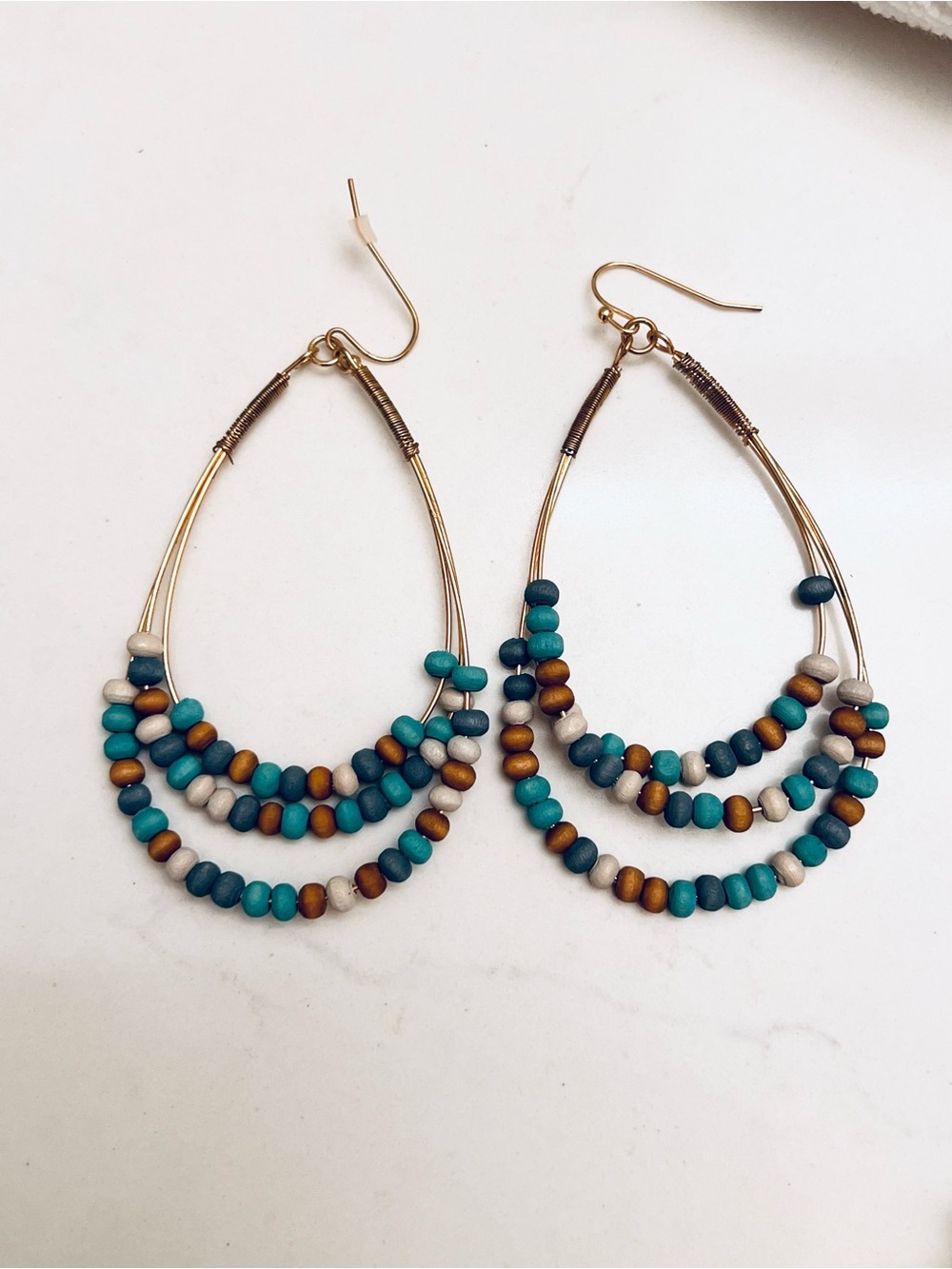 Boho Beaded Teardrop Earrings in Turquoise, Teal & Gold